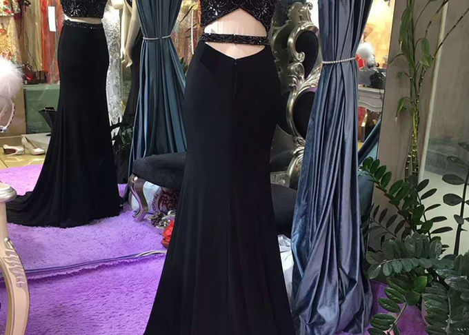 Black 2 Piece Mermaid Style Prom Dress Short Sleeve Invisible Zipper Fishtail