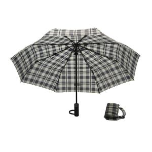 Quality Black White Grid 8mm Metal Shaft Three Folding Umbrella Automatic Open Close wholesale