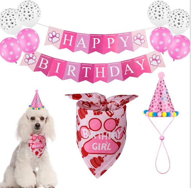 Pet Party Decoration Set Dog Bandana Hat Tie Balloons Supplies Happy Cake Topper Cloth
