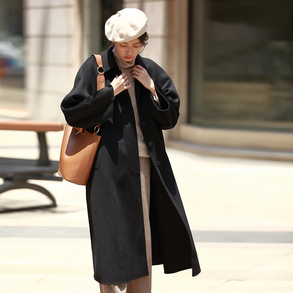 Hidden Buttons Women Woolen Coat With Raglan Sleeve