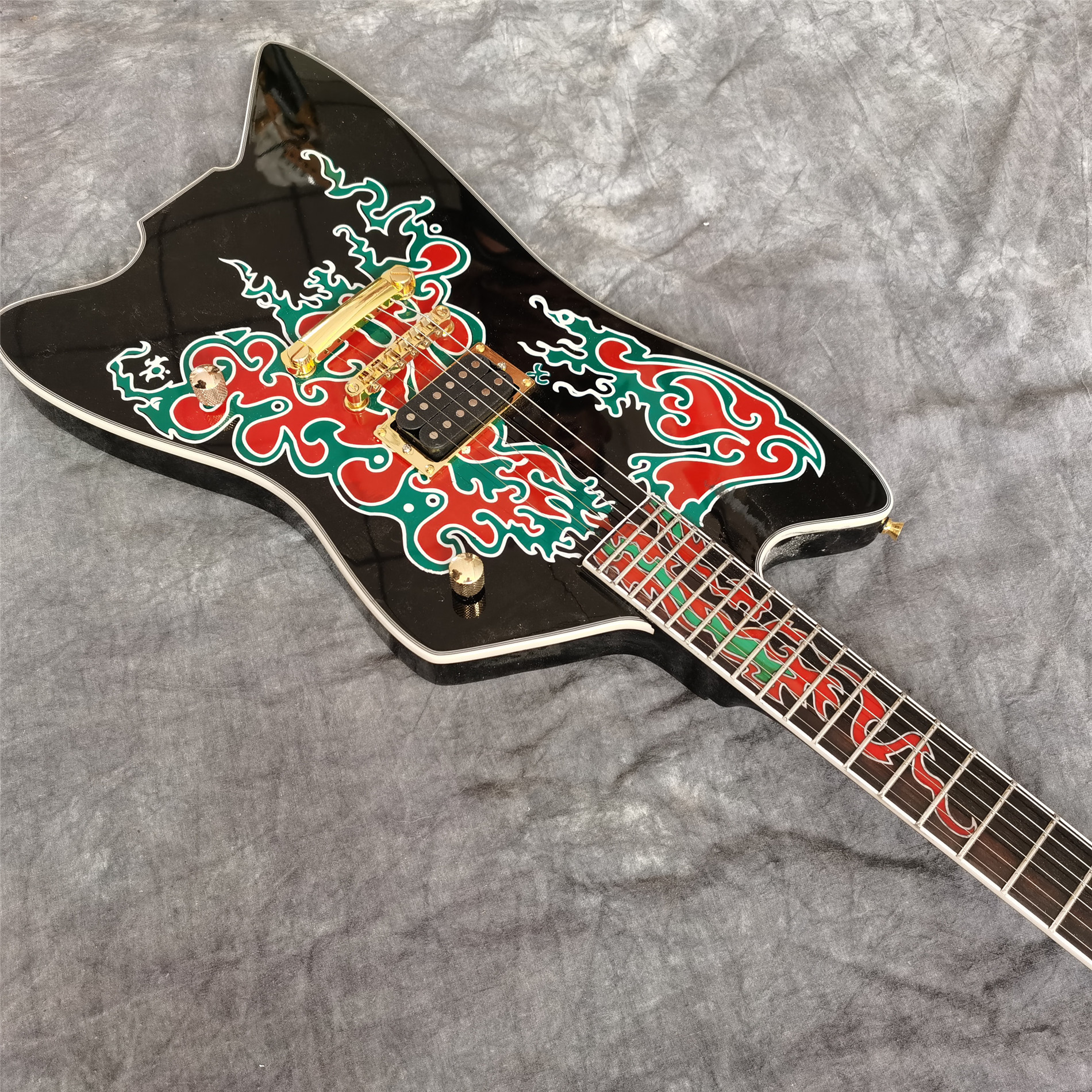 Custom New 6 Strings Black Electric Guitar with Fire Inlays Fingerboard Gold Color Hardware