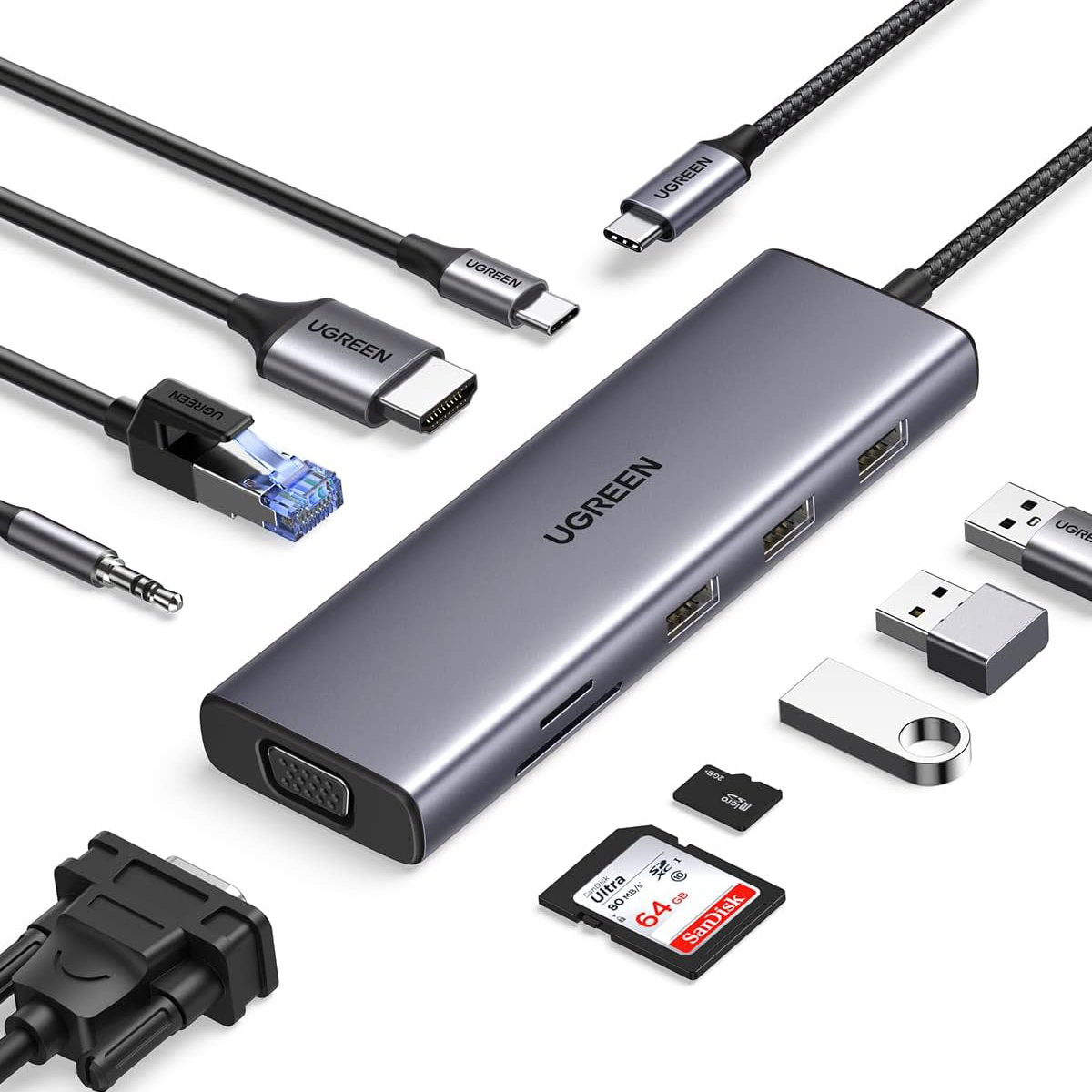 USB C Hub, 10-in-1 USB-C Dongle with 4K-HDMI & VGA Dual Monitor,1Gbps Ethernet,100W PD,3 USB 3.0 Ports,3.5mm Audio Jack