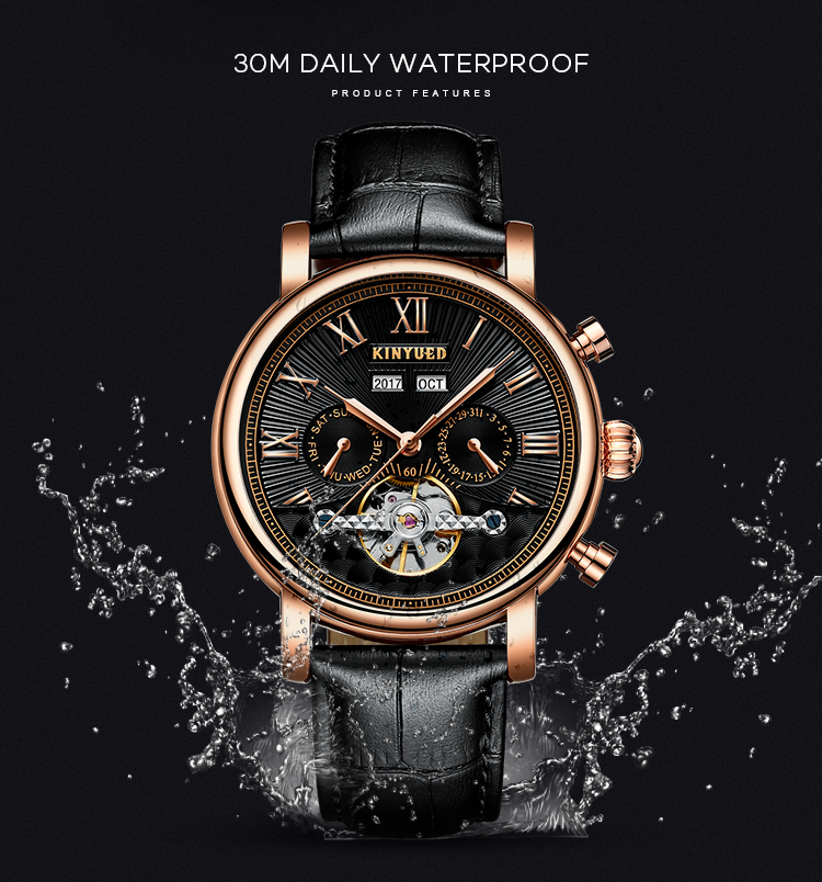 KINYUED J022-2 Minimalist Gold Case Leather Strap Watches Complete Calendar Automatic Mechanical Waterproof Montre Homme