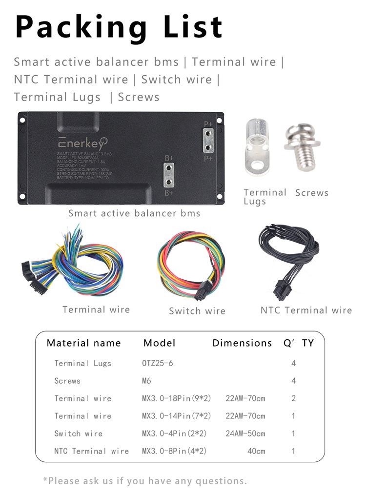 Enerkey BMS Protection Electric Vehicles Smart Bms 16S 17S 18S 19S 20S 21S 22S 23S 24S 100A 200A 300A with 8A Active Balance