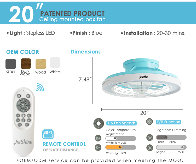 Large Air Flow 20 Inch Blue Finish LED Ceiling Fan for Bedroom Modern Design