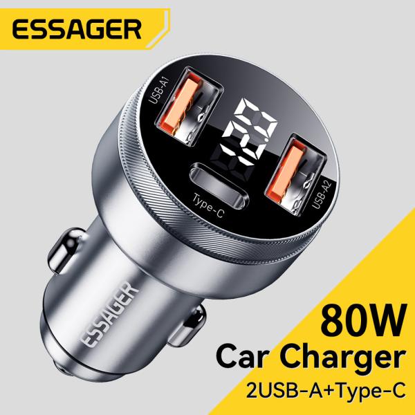 Essager 2022 Fenglang Aluminum alloy digital display car charger 80W 3 in 1 Car