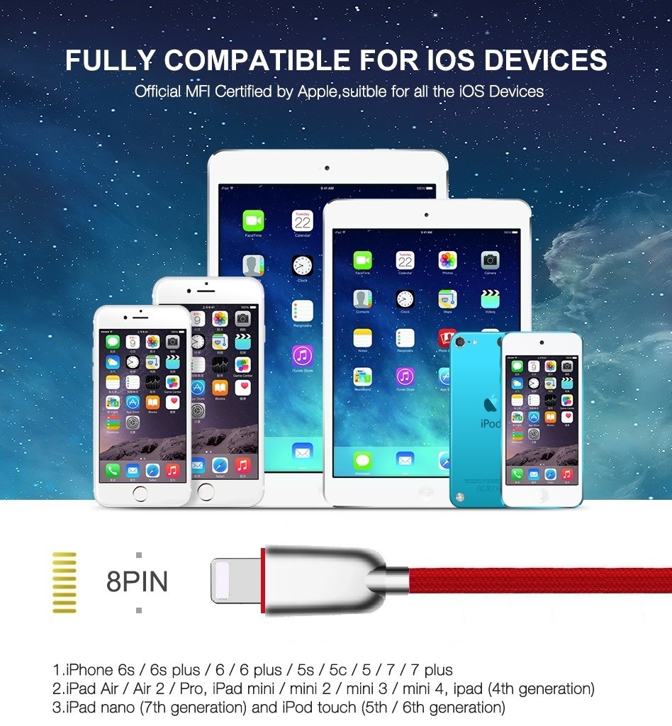 Metal Alloy Nylon Braided USB Data Cable 3 Feet 8 Pin 2A For IPhone Fast Quick Charging