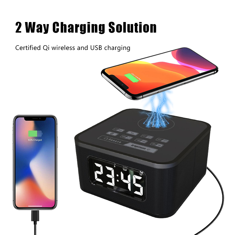 FM Clock Radio with Wireless Charger and USB Charger Black or Customized Product
