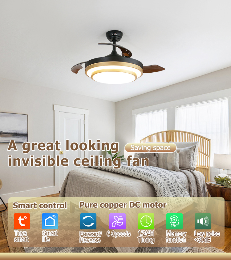 Gold Decorative Retractable Ceiling Fan with DC Motor and Lighting Solutions Service