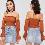 Off The Shoulder Ladies Ruffle Long Sleeve louses Shoulder Off Smocked Crop top