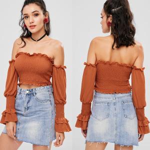Quality Off The Shoulder Ladies Ruffle Long Sleeve louses Shoulder Off Smocked Crop top for Women wholesale