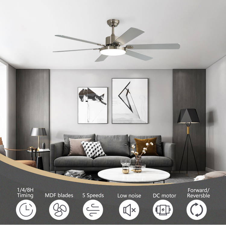 High Volume Natural Wind LED Ceiling Fan with 6 MDF Blades and Modern Design Style 10-