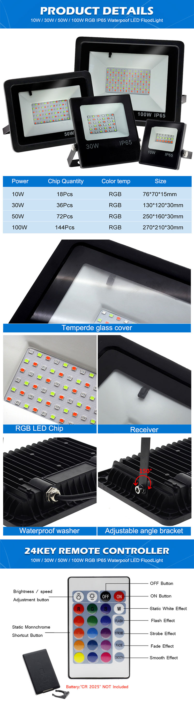 270 Degrees 100 W 50 W RGB Outdoor LED Flood Lights