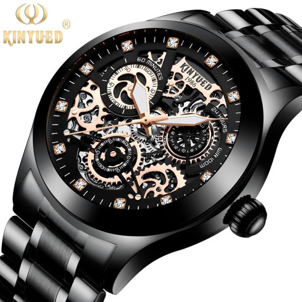 KINYUED J062 oem waterproof custom logo leather fashion tourbillon skeleton