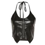 Ladies Lace Up Halter Neck Zipper Black Leather Tank Top