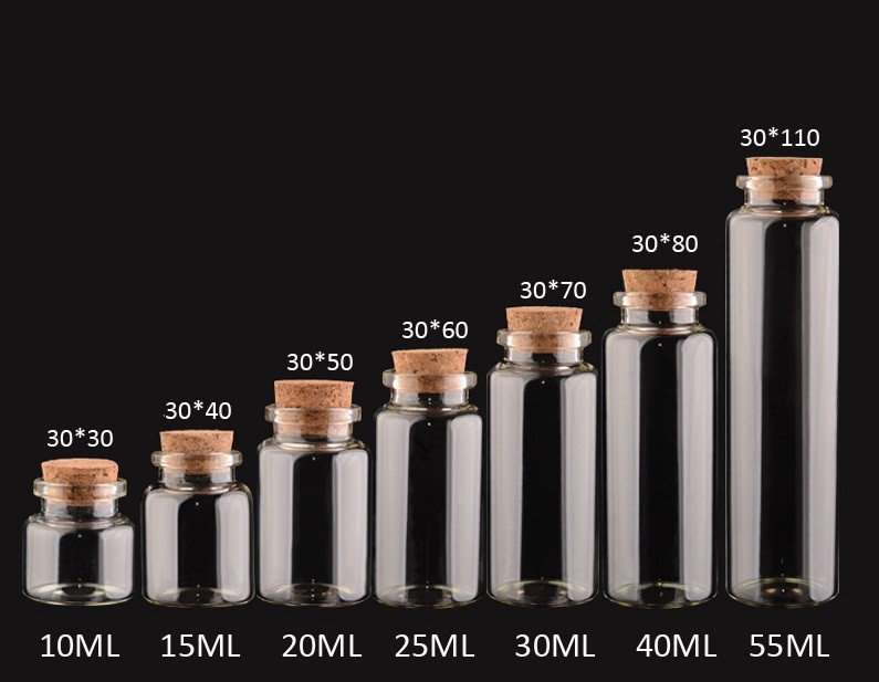 30mm Good Quality Empty Glass Jars Bottles with Cork lid, Glass Bottles for Storage, Decoration