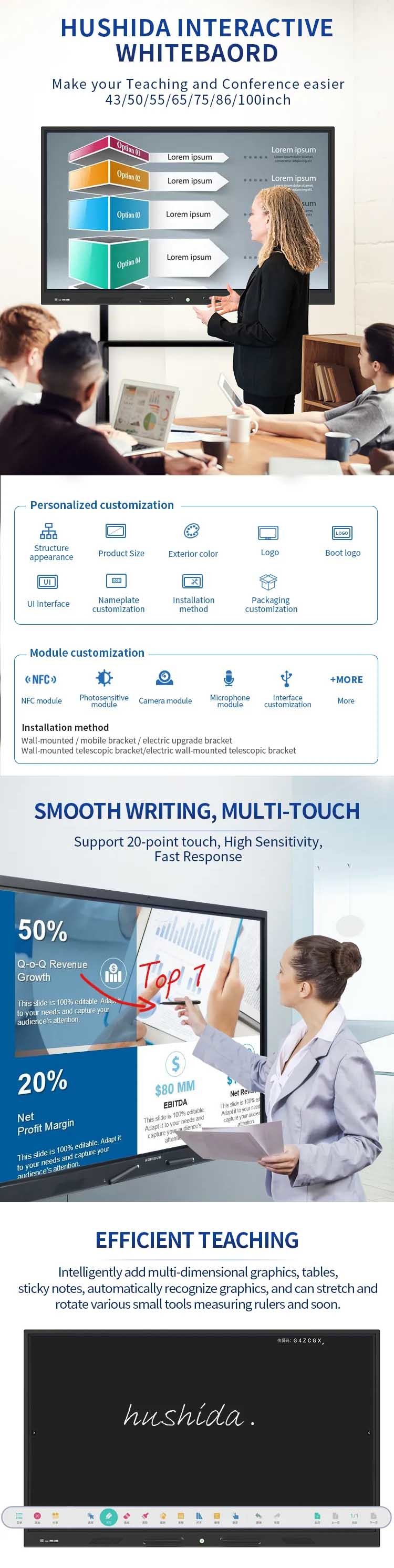 LCD 4K Display 100 Inch Interactive Tablet Multi Touch Smart Board Ultra Large Indoor