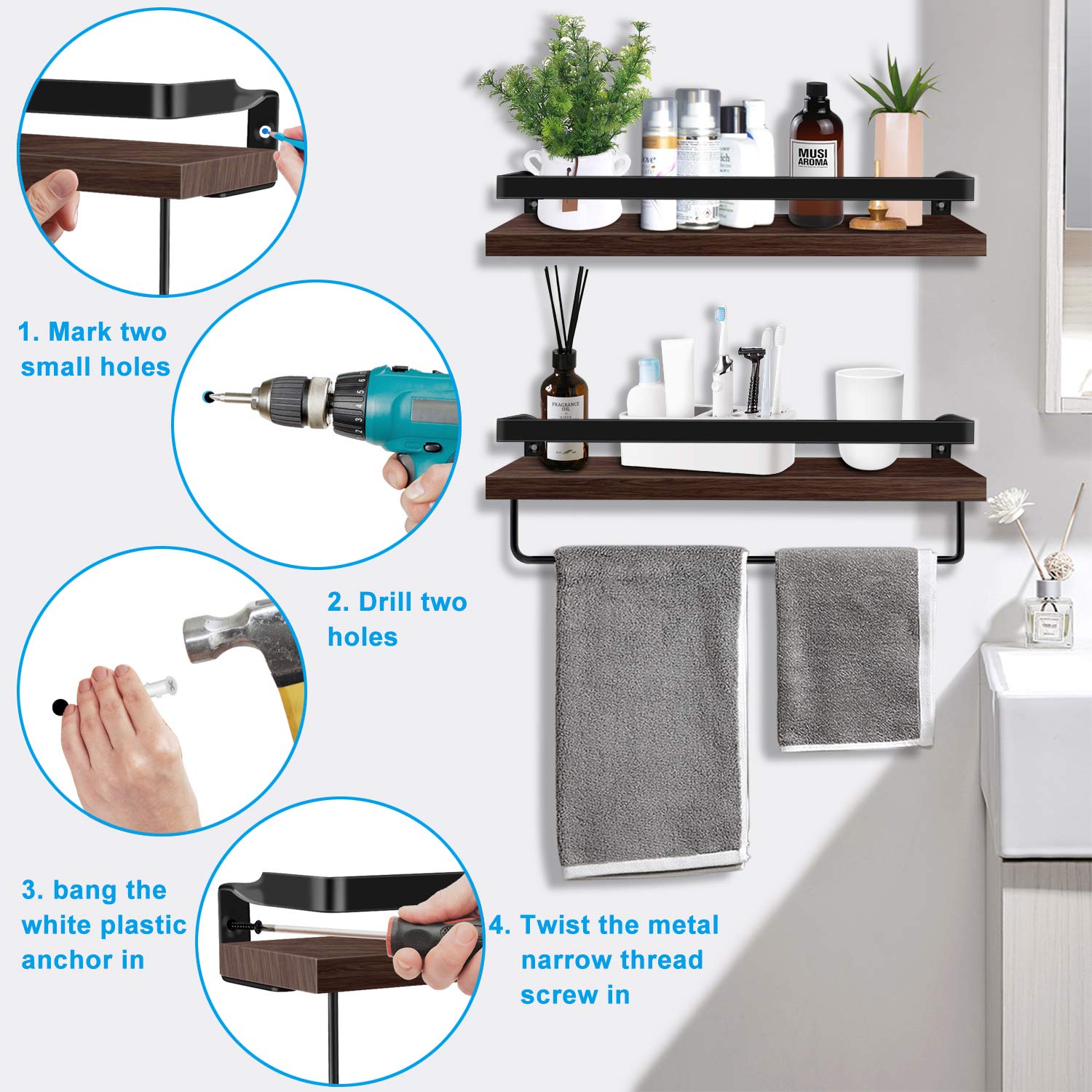 Powder Coated Decorative Storage Towel Rack Floating Shelf Brackets with Rails Set of 2 Torched Wood Rustic Floating Wall Shelves