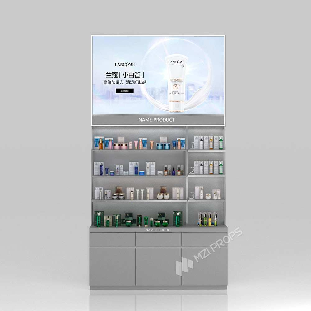 GDR02-BG01 Skincare Display Cabinet with LED Strip Lights and White Glass for Department Stores