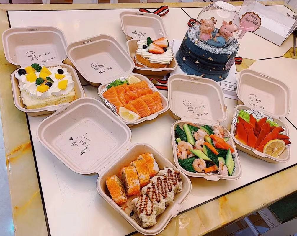 6x6" Bagasse Clamshell To Go Box Take Out for Lunch