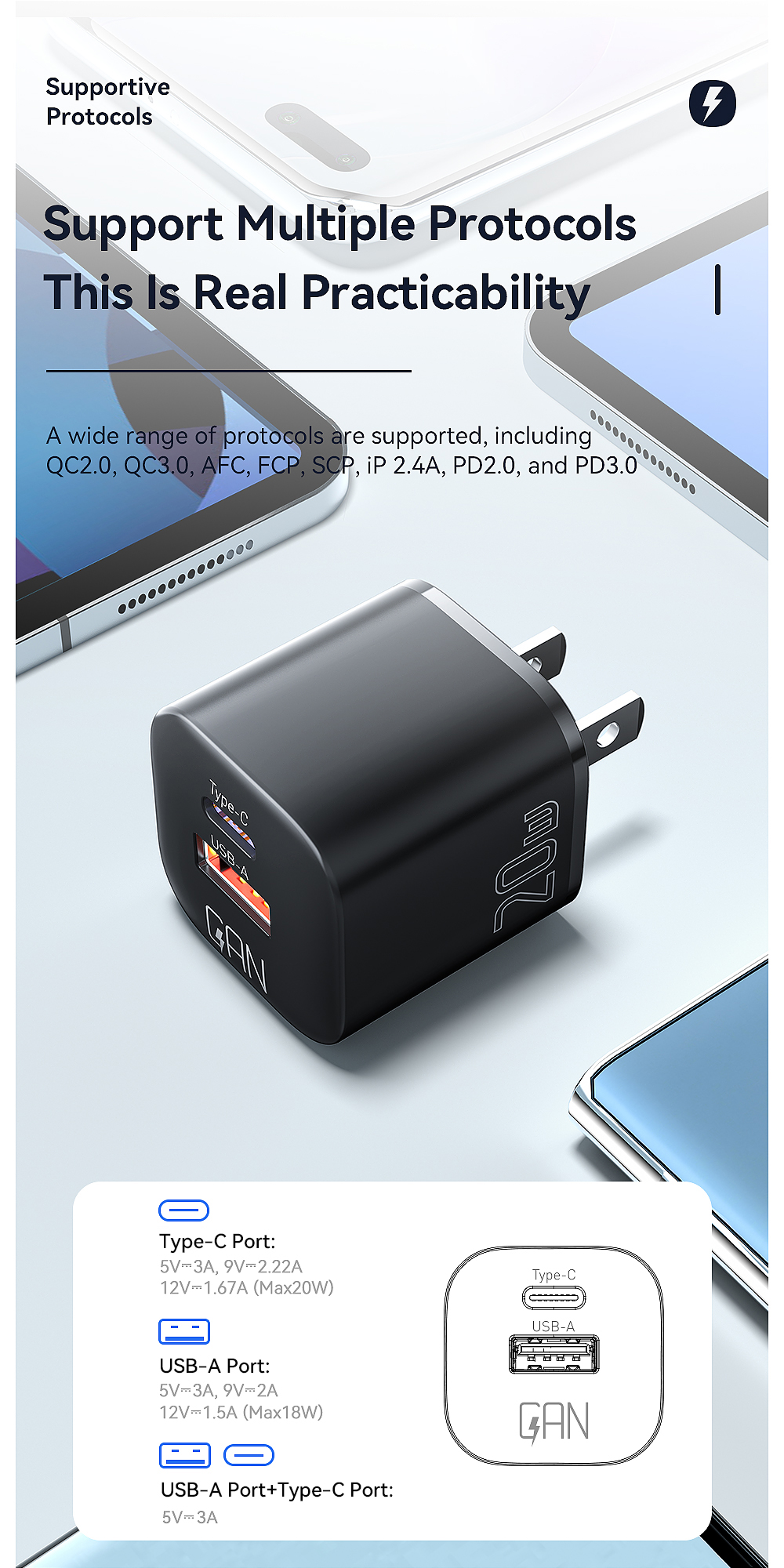PD3.0 QC3.0 GaN Chargers USB A Type C USB C Phone Charger 20W ES-CD31 Series