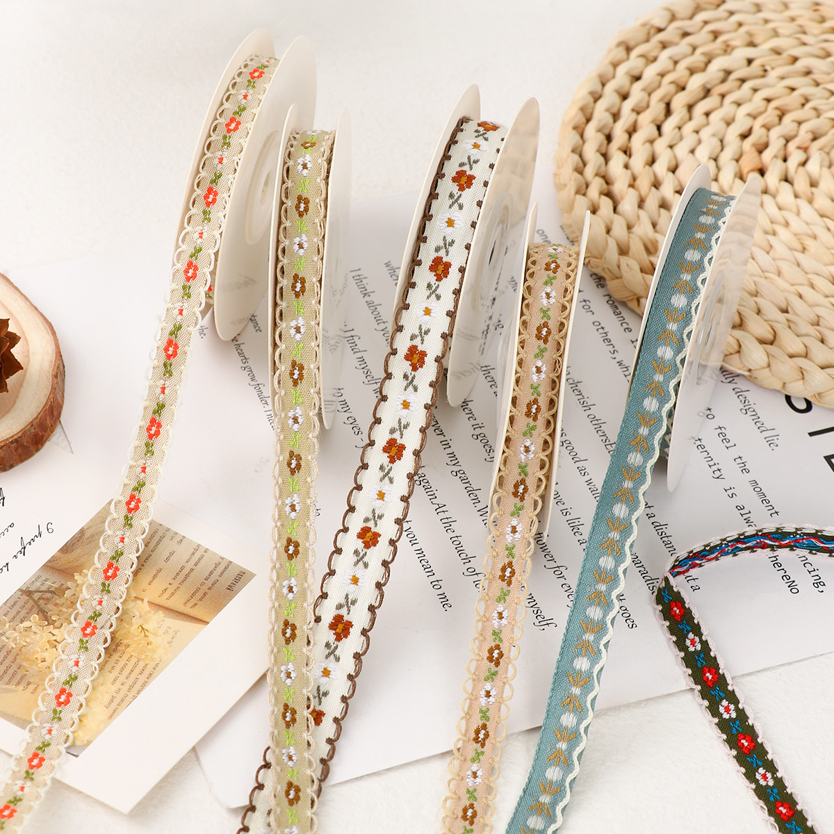 15mm*50y Pastoral Floral Cotton Ribbon Baking Cake Ribbon Bow DIY Material Decoration Ribbon Flower Bouquet Packaging