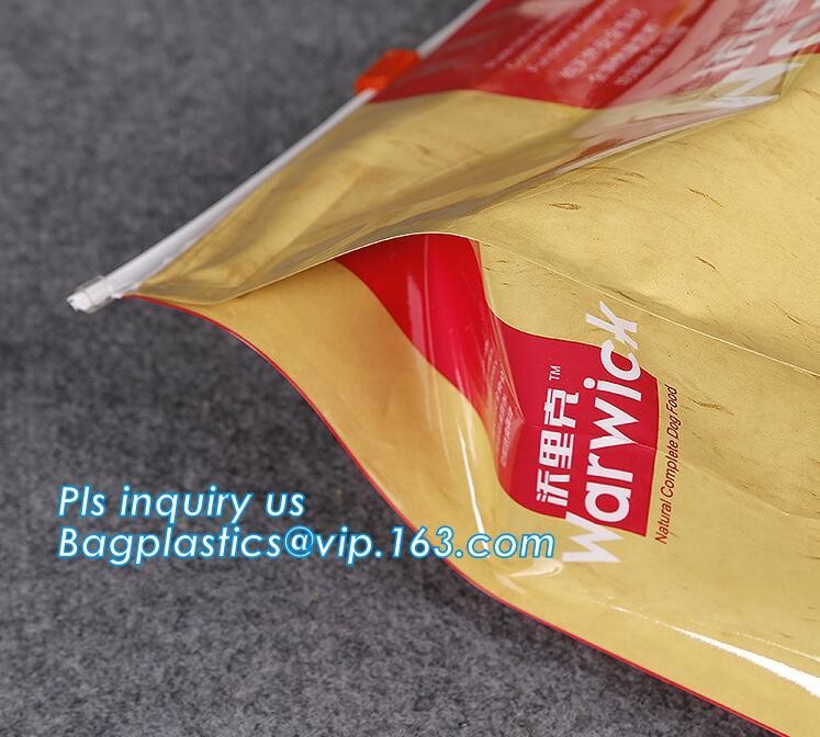 slider zipper flat bottom pet food bag, 5kg large quad seal pouch,flat bottom top quality resealable dog food packaging