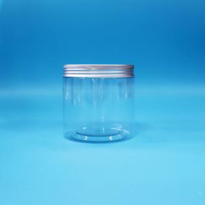 Quality Clear Round Wide Mouth Cylinder PET Plastic Candy Food Cookie Jar Aluminum Cap wholesale