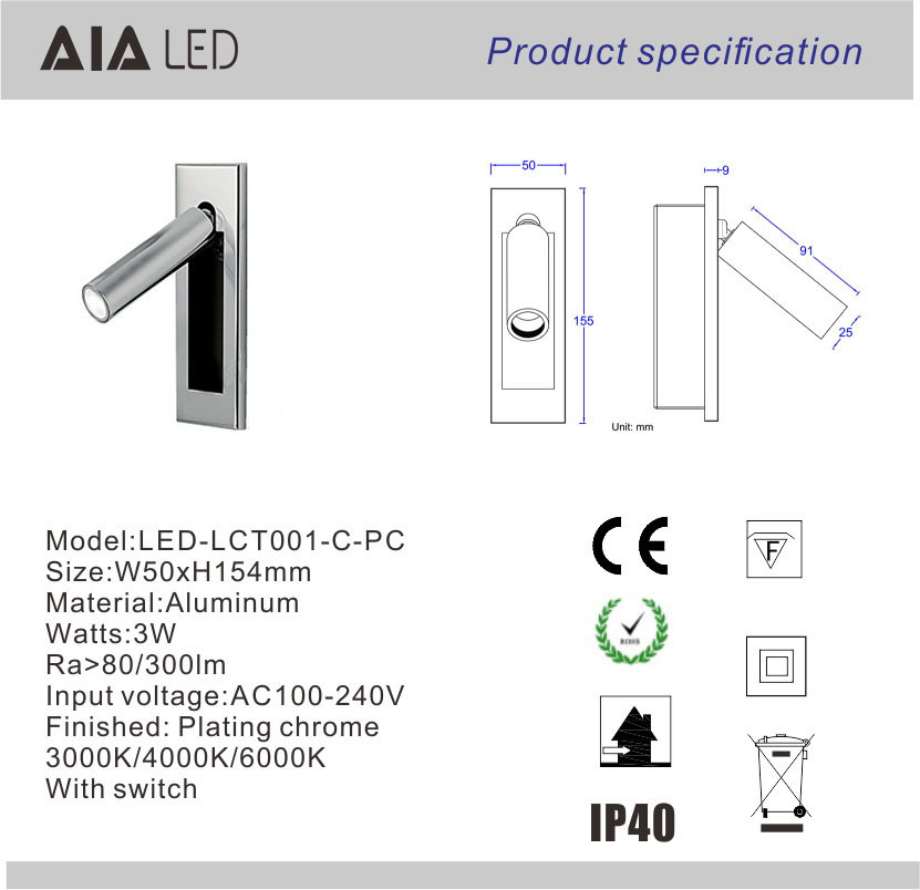 Recessed mounted any finish reading wall light 3W led wall lamp led reading bedside lights
