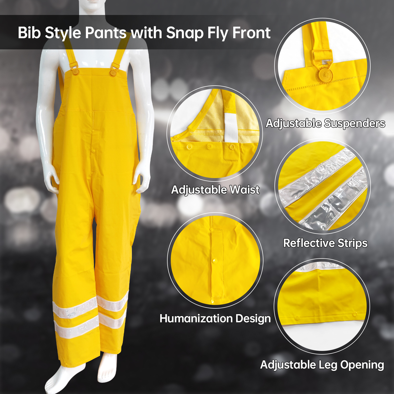 PVC Polyester Hooded Rain Suit Durable Rain Jacket Bib Pants Two Piece Rain Wear Unisex Work Outdoor Coat with Reflective Strips