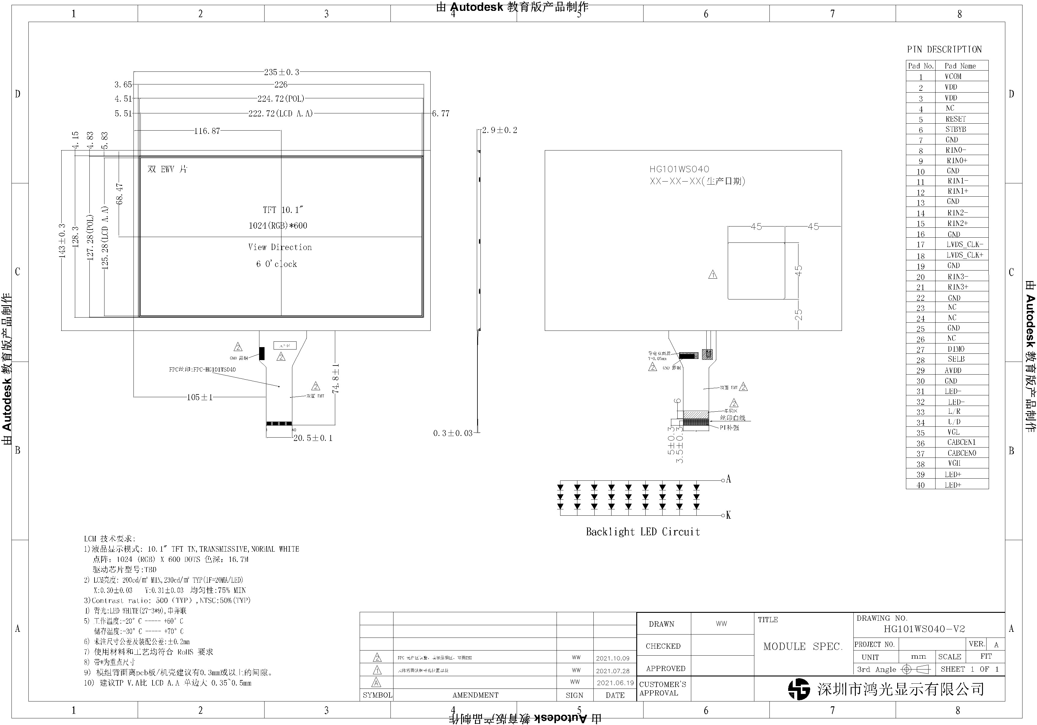 10.1 Inch Vehicle TFT LCD Monitor LVDS Interface Ultra Wide View 1024x600