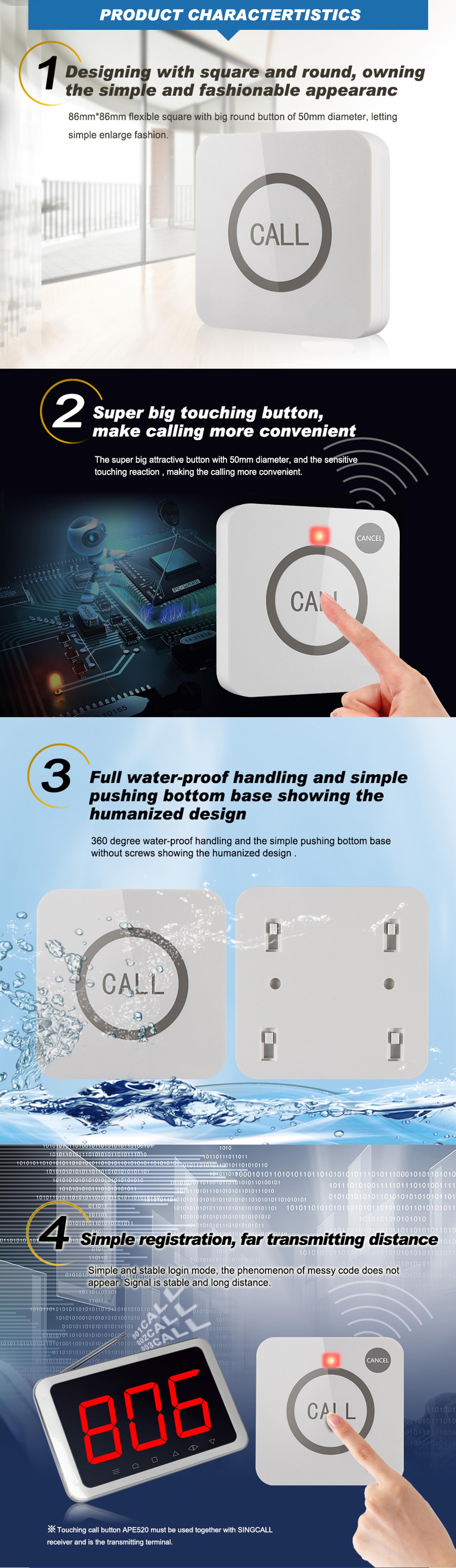Wireless 433.92mhz patient touch call bell with 1m retractable cable