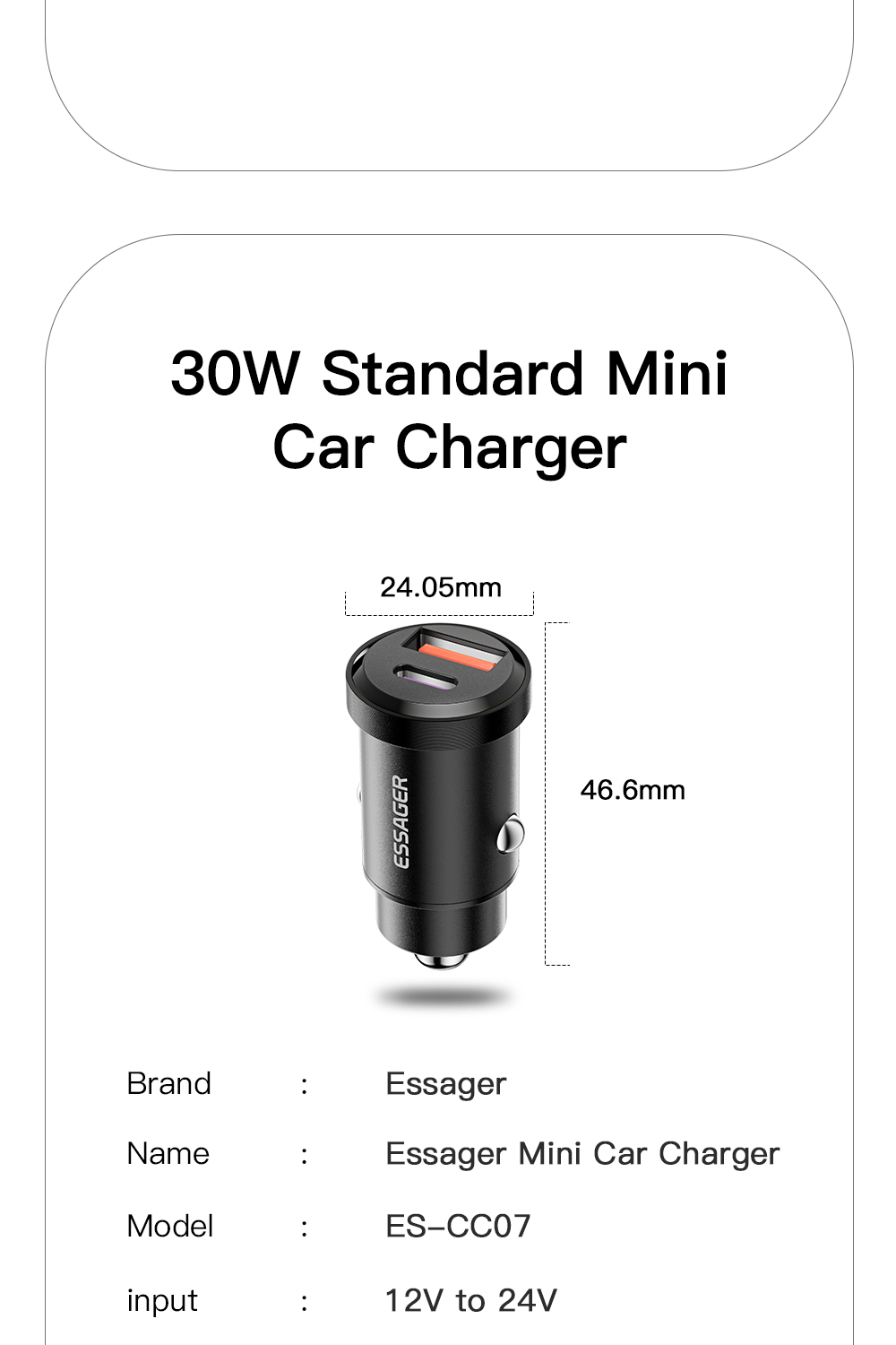 Essager 2022 Gyroscope New Type-c + USB-A USB QC3.0 30W 45W Mini Car Charger