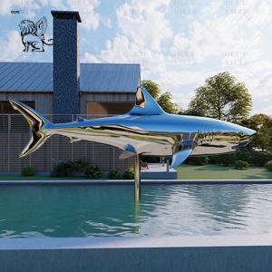 Quality Stainless Steel Shark Sculpture Mirror Polished Fish Metal Animal Swimming Pool Sculpture Outdoor Large Modern wholesale