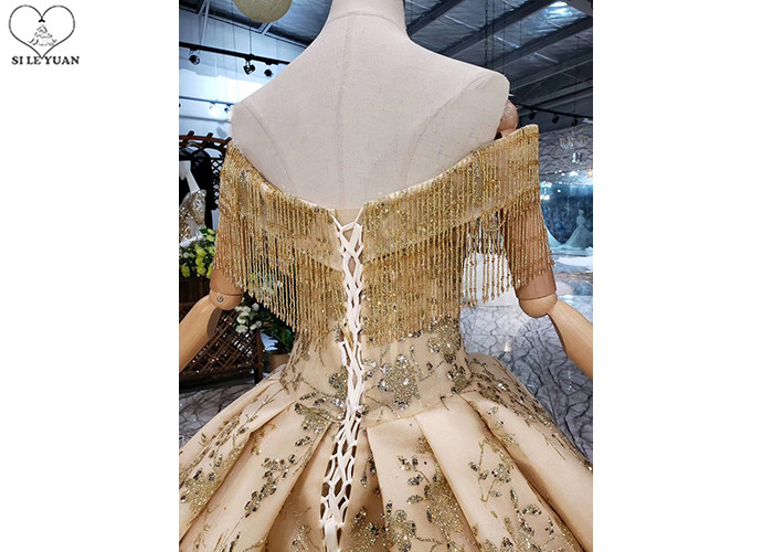 Gold Unique Vintage Prom Dresses Beads Tassels Heart Shaped Bust Shiny Lace