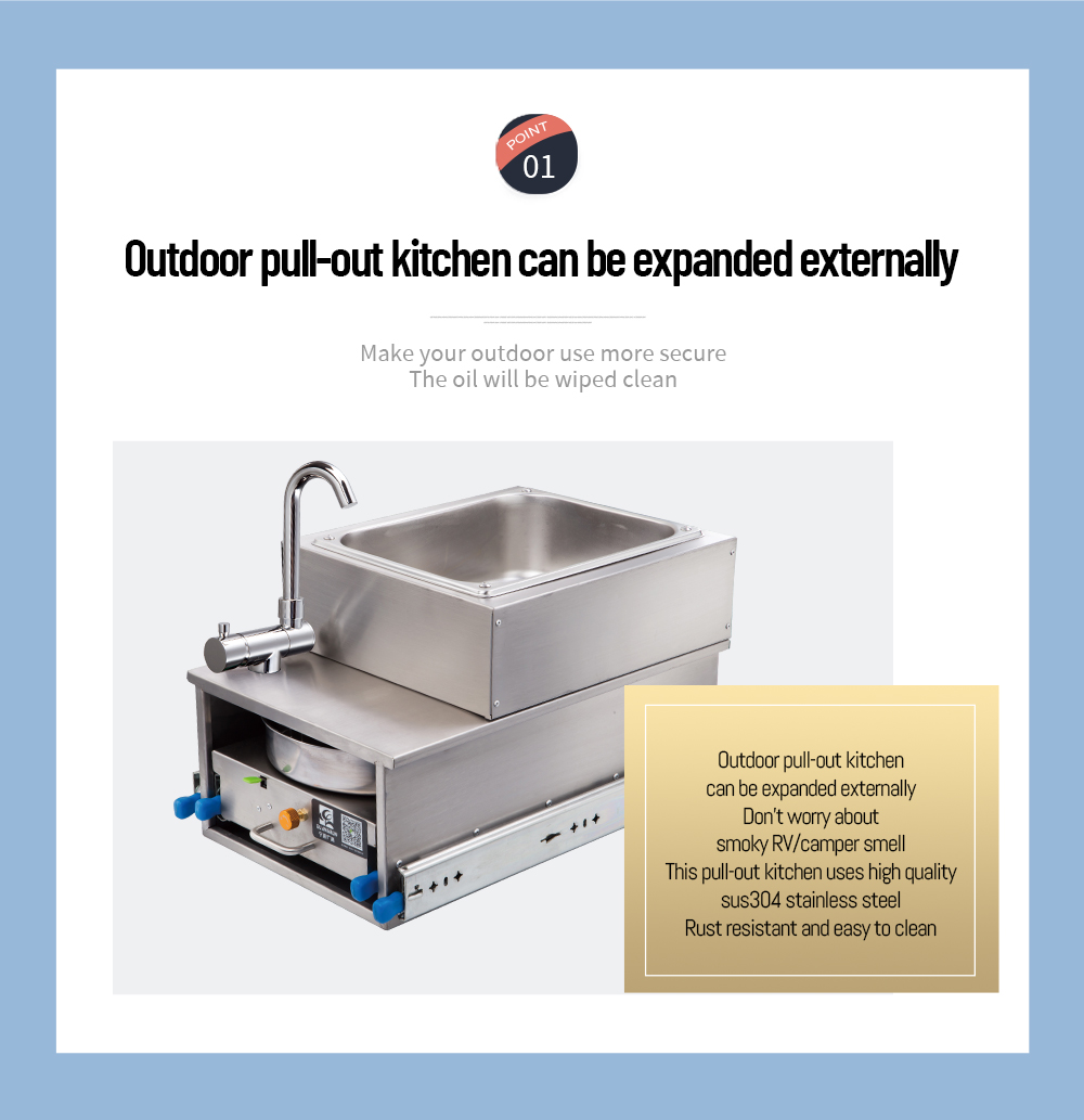 JP Boat Caravan Campervan Motorhome RV Stainless Steel Pull Out Gas Stove Burner Cooker with Intergrated Sink and Faucet