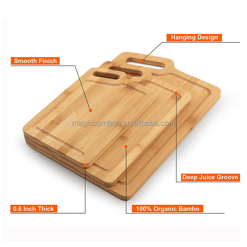 Bamboo Cutting Board Set with Juice Groove L 40*28*1.5cm M 33*24*1.5cm S 27*18*1.5cm