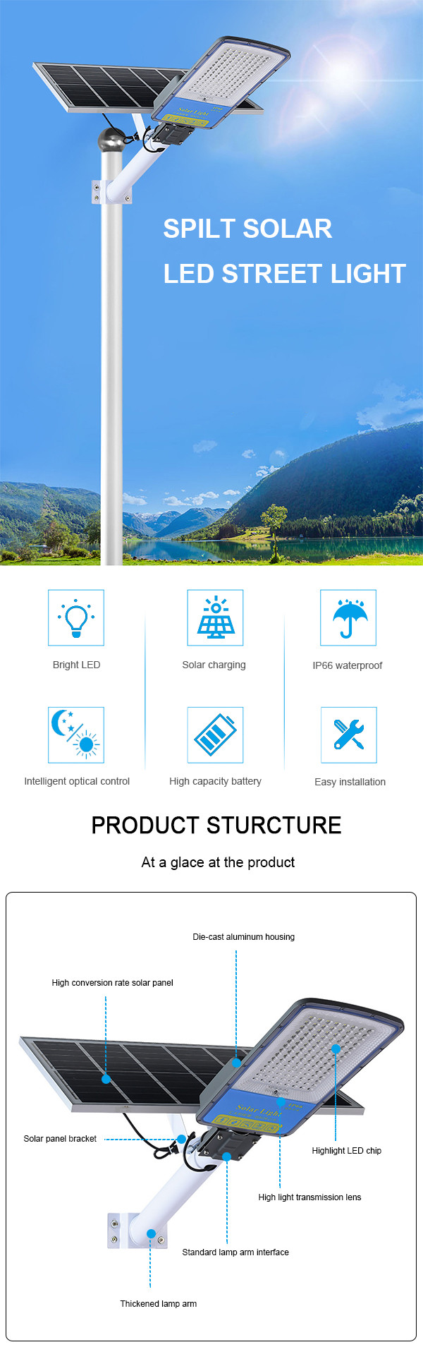 IP66 100Watt Split Solar LED Street Lamp Charging Time 6-8 Hours for Yard Garden