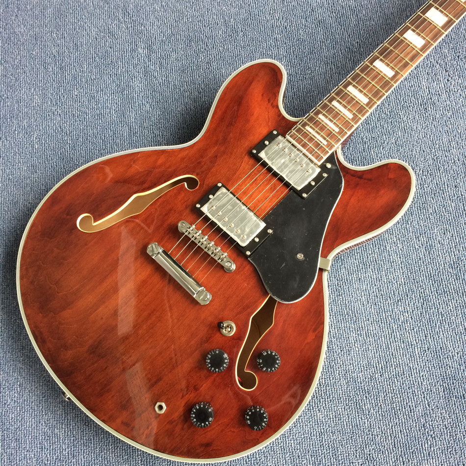 Hollow body jazz electric guitar, Double F holes Chestnut skin electric guitar