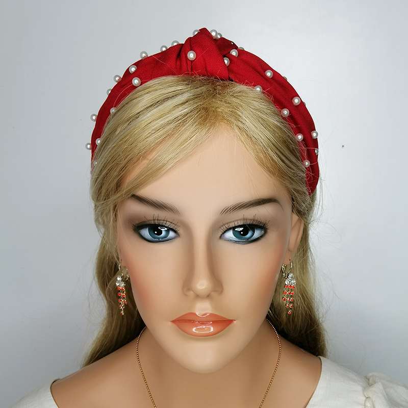 Wholesale Korea Fashion Womens Hair Accessories Head Band Custom Women Fabric Tie Knot Pearl Plastic Headband For Girls