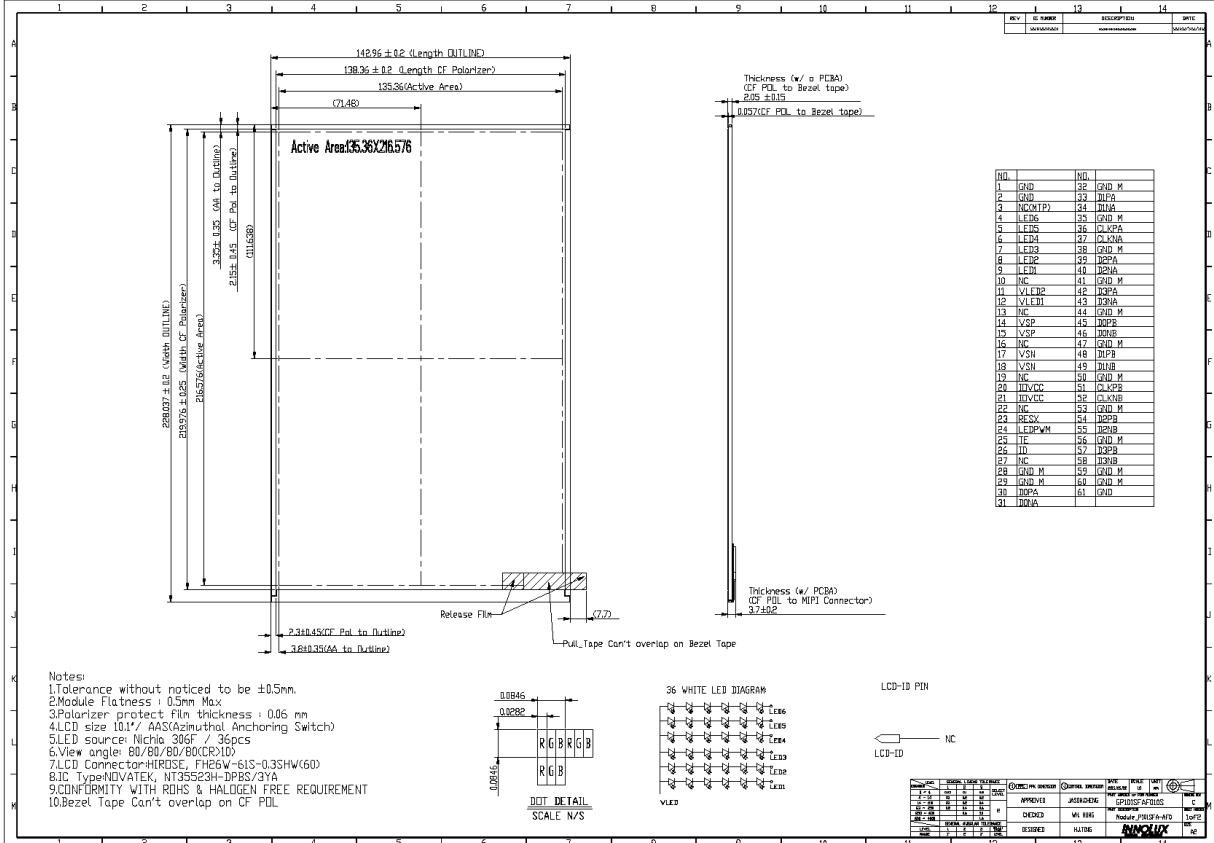 10.1 Inch TFT LCD Module INNOLUX P101SFA-AF0 Diagonal 1600*RGB*2560