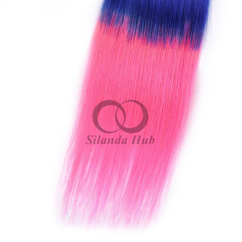 #T1B/Blue/Pink Straight Remy Human Hair Bundles Sew In Weave Bundles Brazilian Bundle Deals