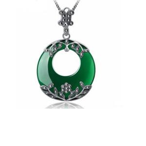 Quality Thai Silver Green Agate Pendant Necklace Marcasite Retro Jewelry(N11061GREEN) wholesale