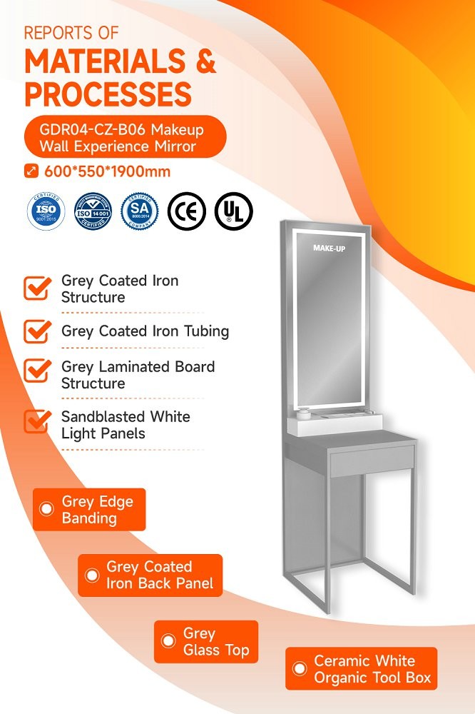 GDR04-CZ-B06 Makeup Wall Experience Mirror with Sandblasted White Light and Grey Glass Top for Cosmetics Brand Boutiques