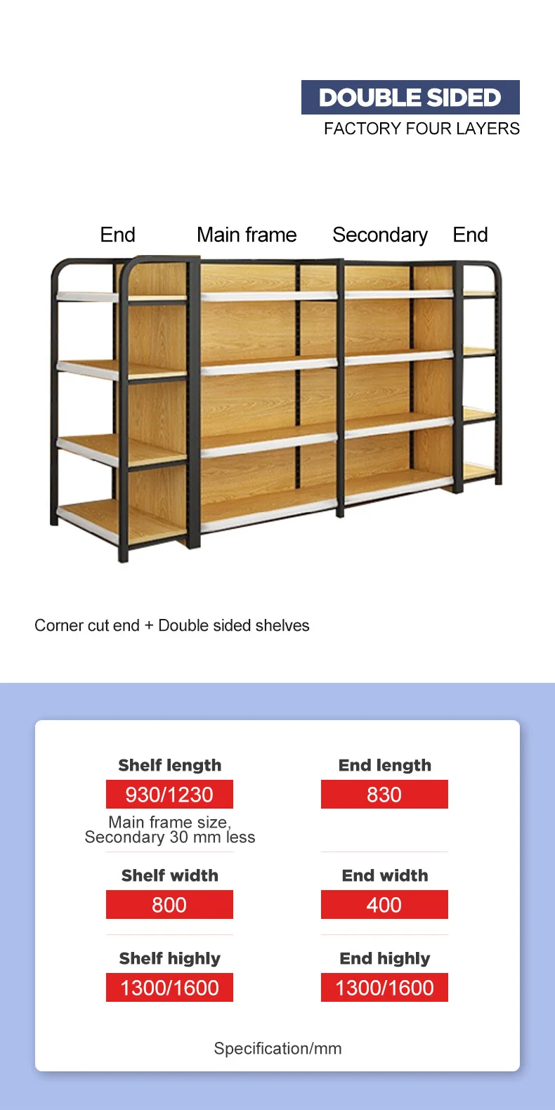 Heavy Duty Wood Gondola Shelving Supermarket Metallic Display Racks