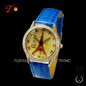 Quality Your own logo lady watches with Eiffel Tower on watch dial color PU leather band wholesale