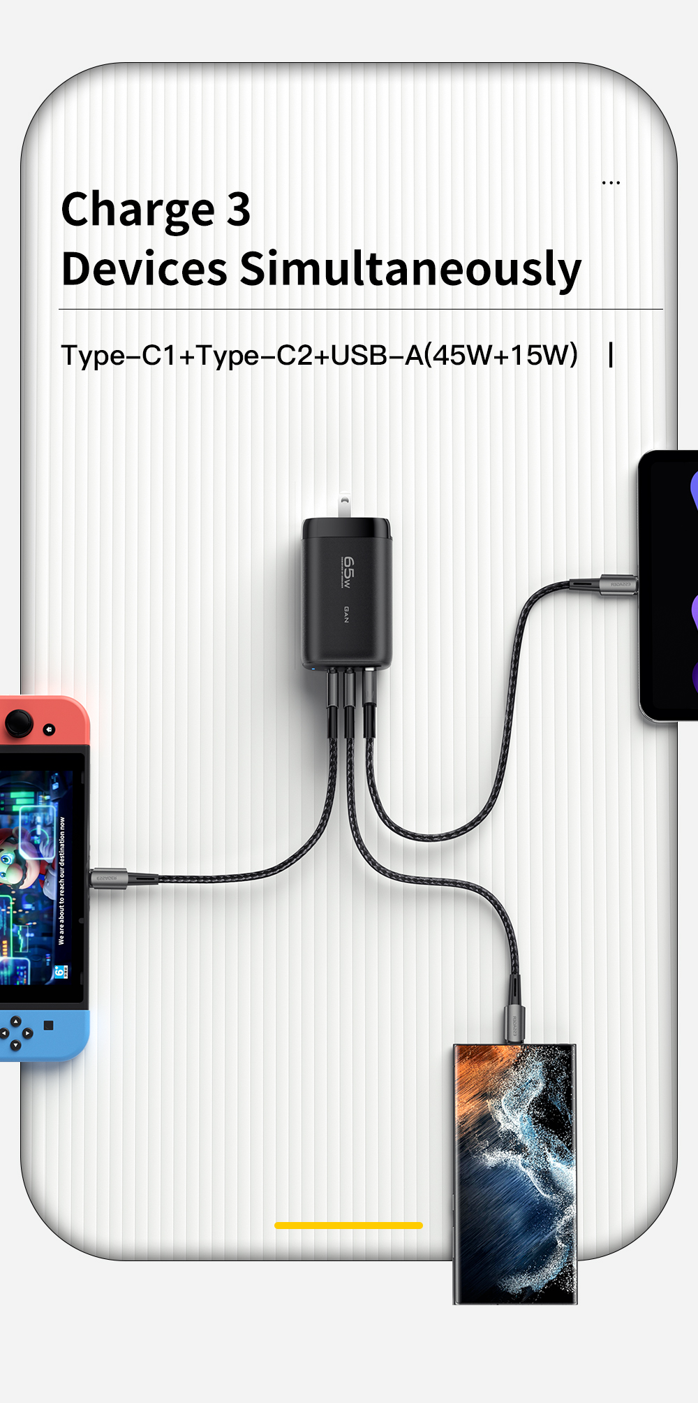 Travel GaN PD Wall Charger 65w 3 USB Port USB A Type C Fast Charging