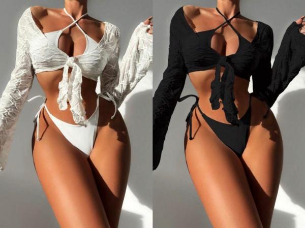 Sexy Three Pieces Bikini Durable Swimming Pool Swimwear For Women Pure Color