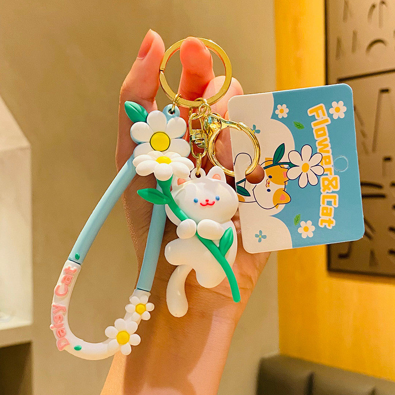 Customized Silicone Keychain Accessory Cat Flower Cute Cartoon Soft Silicone Keychain Charms