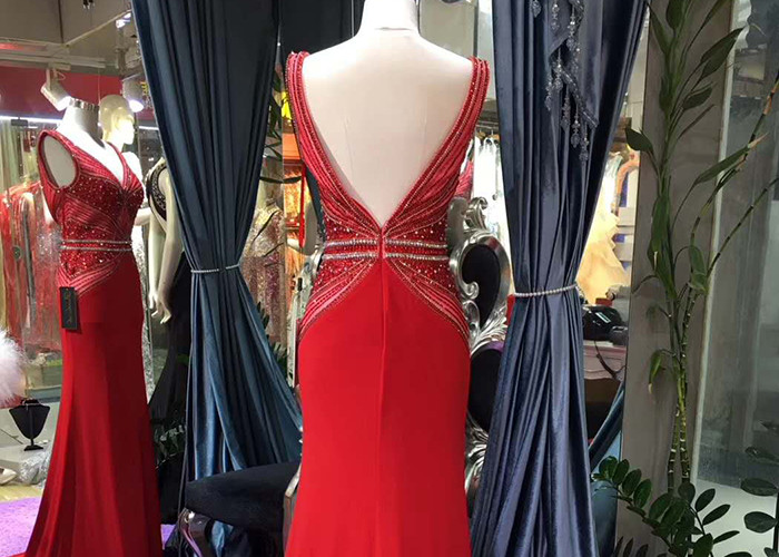 V Neck Red Lace Mermaid Prom Dress Sleeveless Sweep Train Beading Open Back